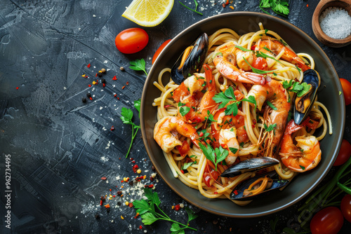 An Italian seafood pasta dish with mussels, clams, and shrimp