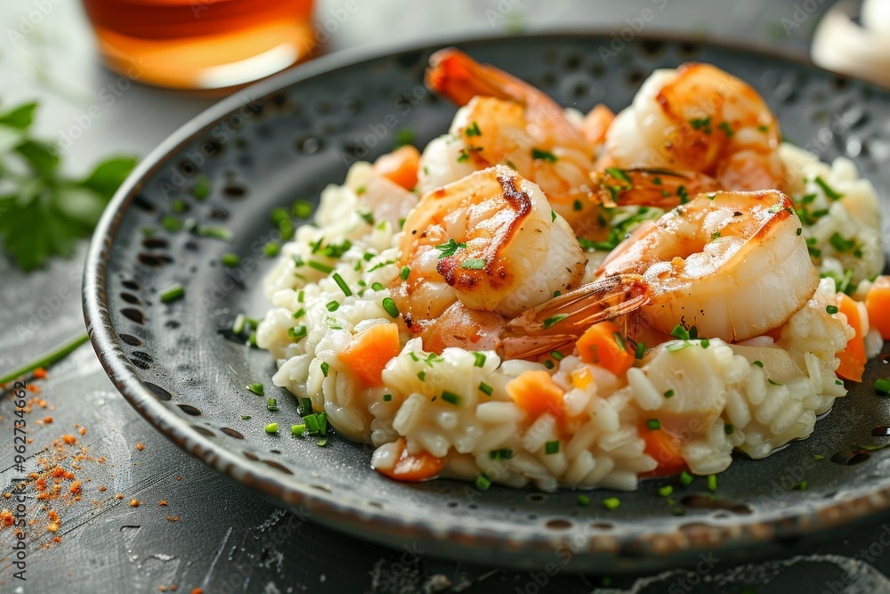 A plate of seafood risotto with scallops and prawns A plate of seafood risotto with scallops and prawns