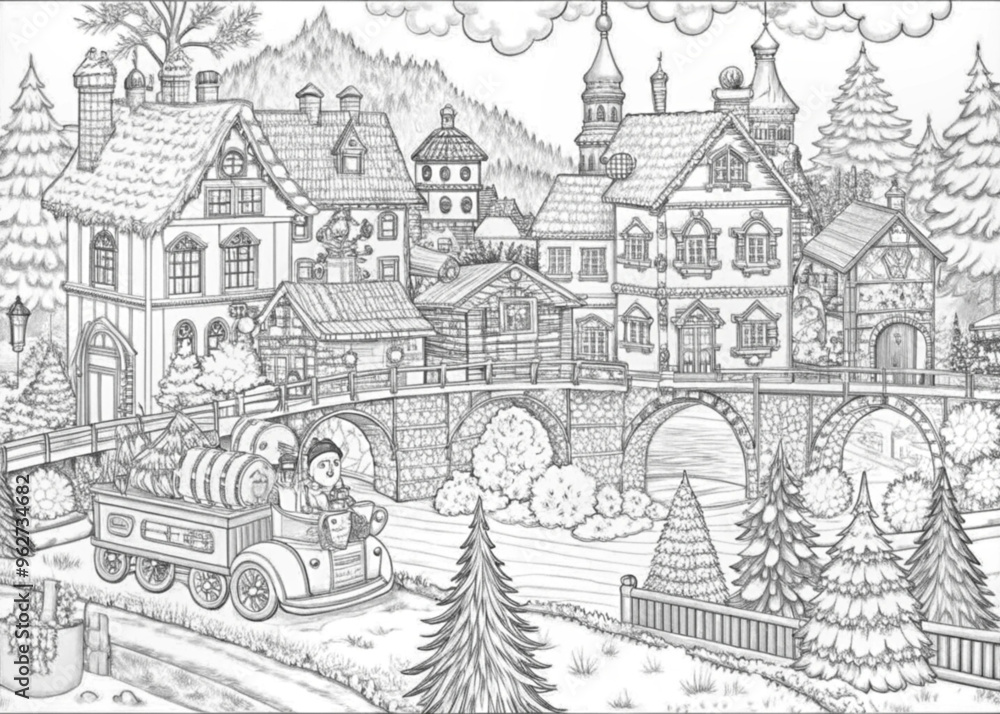 Obraz premium Detailed Winter Village Scene with Snow-Covered Houses for Coloring Books