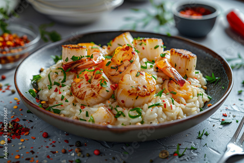 A plate of seafood risotto with scallops and prawns photo