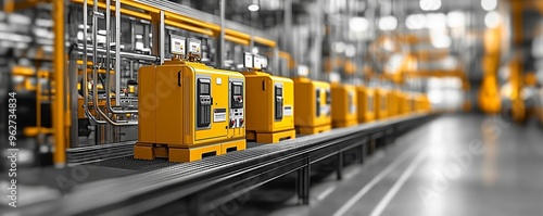 Power backup system in a factory, yellow diesel generators in an industrial setting, representing energy reliability