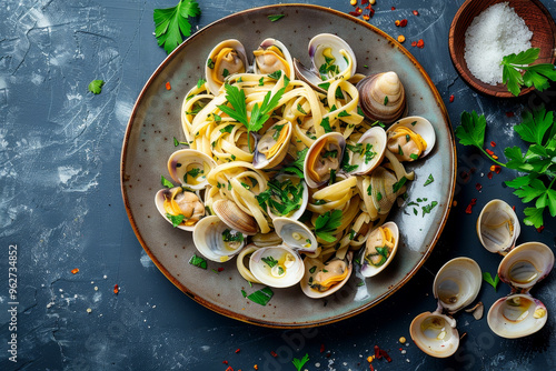 A plate of linguine alle vongole with fresh clams and parsley photo