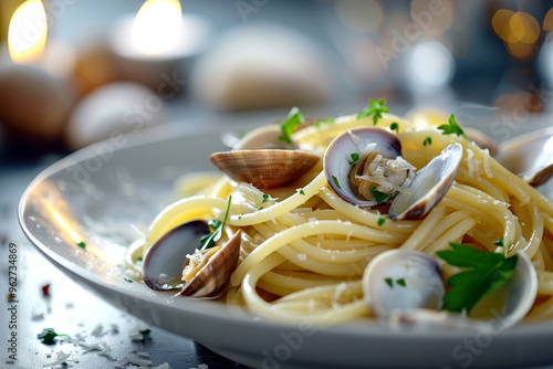 A plate of linguine alle vongole with fresh clams and parsley