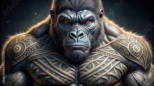 Striking And Realistic Silverback Gorilla Tattoo Design Featuring Muscular Features, Fierce Gaze, And Intricate Tribal Patterns. photo