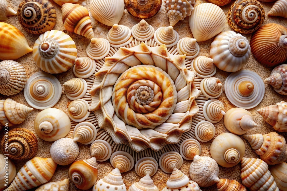 Strikingly Balanced Seashells Arranged In A Symmetrical Spiral Formation, Showcasing The Perfection Found Within Nature'S Designs. Strikingly Balanced Seashells Arranged In A Symmetrical Spiral Formation, Showcasing The Perfection Found Within Nature'S Designs.