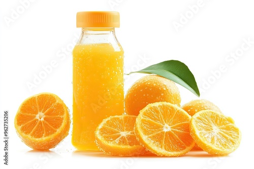 Fresh Calamondin Juice Bottle With Calamondin Slices isolated on a white background