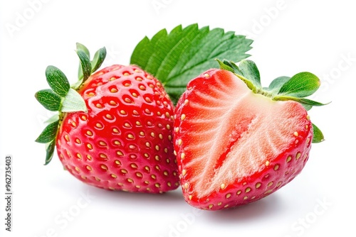 Strawberry isolated. Strawberry with half on white background. Strawberry fruit with leaf. With clipping path , ai