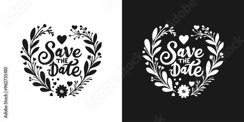 Save The Date abstract text calligraphy decorated with natural ornaments