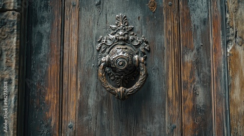 A close-up of an ornate door knocker on a weathered wooden door.