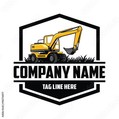 Mini Excavator, Hydraulic Wheel Digger Heavy Equipment, Vector Logo