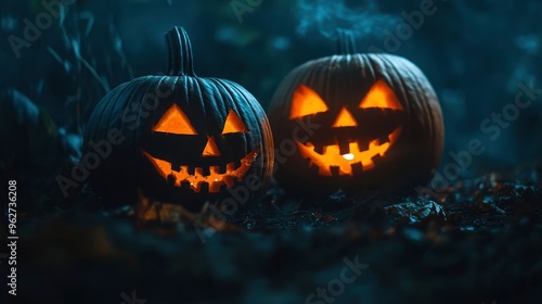 Scary Pumpkins glow at night. Halloween picture on a black background. Fear and the holidays concept with generative ai