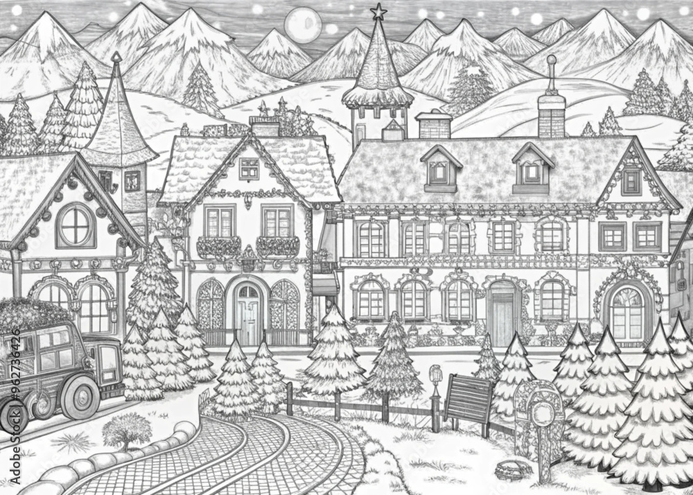 Detailed Winter Village Scene with Snow-Covered Houses for Coloring Books Detailed Winter Village Scene with Snow-Covered Houses for Coloring Books
