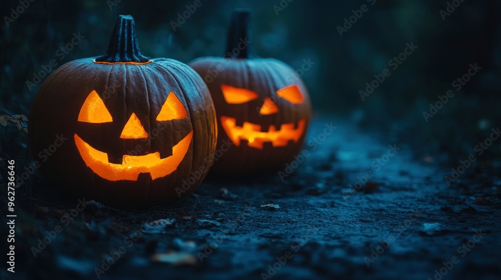 Scary Pumpkins glow at night. Halloween picture on a black background. Fear and the holidays concept with generative ai Scary Pumpkins glow at night. Halloween picture on a black background. Fear and the holidays concept with generative ai