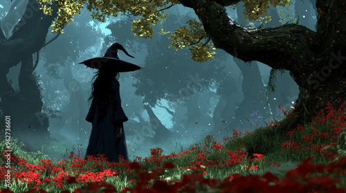 Wallpaper Mural A mysterious woman in a long black robe and a wide-brimmed hat stands in a field of red flowers. Torontodigital.ca