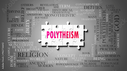 Polytheism as a complex subject, related to important topics. Pictured as a puzzle and a word cloud made of most important ideas and phrases related to polytheism. ,3d illustration