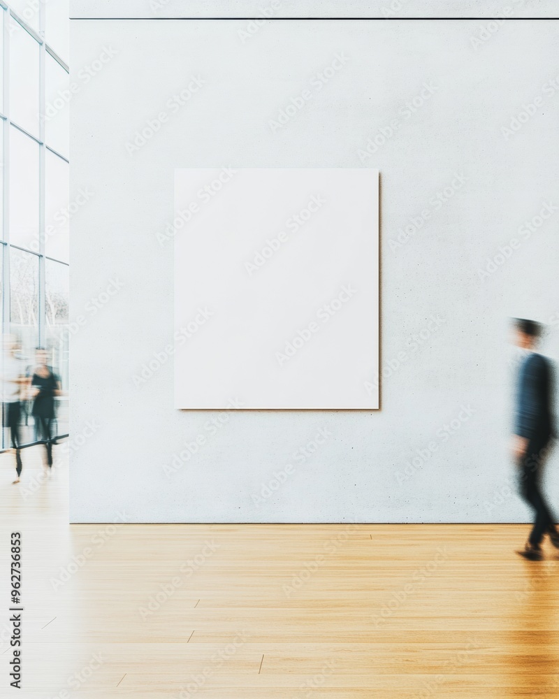 Contemporary Interior with Soft White Concrete Wall, Blank Poster, and Motion-Blurred People - Tranquil Ambiance in Modern Minimalist Setting