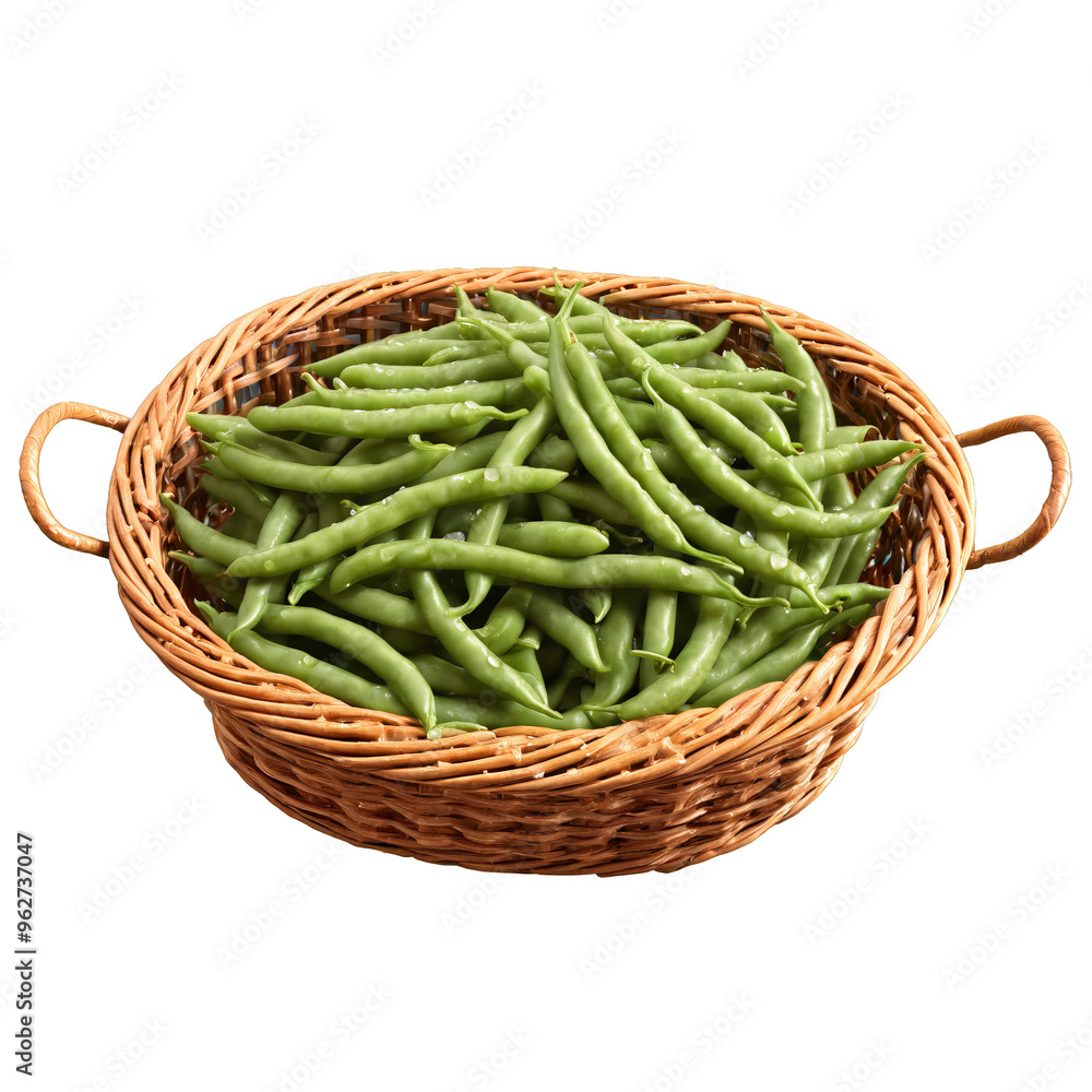 Green beans phaseolus vulgaris green whole and snipped swirling around rustic wicker basket water droplets Green beans phaseolus vulgaris green whole and snipped swirling around rustic wicker basket water droplets