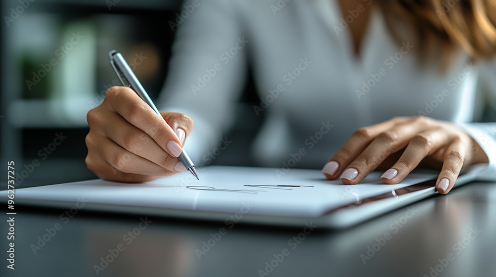 woman’s hand signing a digital document on a tablet, symbolizing remote work, digital innovation, and flexibility in modern work environments. Represents efficiency, technology, and productivity woman’s hand signing a digital document on a tablet, symbolizing remote work, digital innovation, and flexibility in modern work environments. Represents efficiency, technology, and productivity