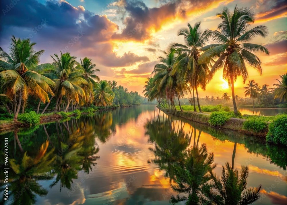 Swaying palm trees and lush greenery surround a serene backwater canal, reflecting the vibrant hues of a tropical sunset in Kerala's pristine natural landscape. Swaying palm trees and lush greenery surround a serene backwater canal, reflecting the vibrant hues of a tropical sunset in Kerala's pristine natural landscape.