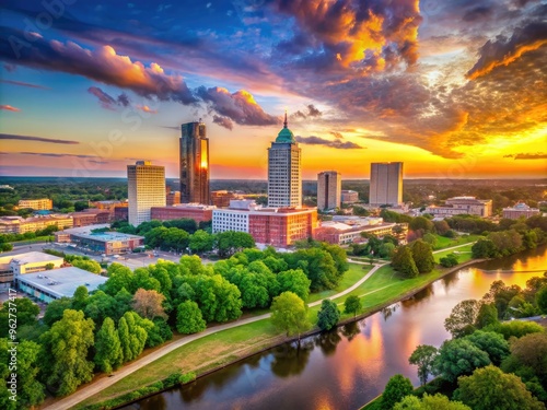 Sunset casts a warm glow over the Montgomery, Alabama skyline, featuring the iconic RSA Tower, Alabama River, and lush greenery amidst a bustling urban landscape. photo