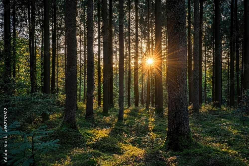 Fototapeta premium Observing the sun peeking through the trees in a forest is a serene experience, surrounded by terrestrial plants and a variety of shades of green and brown in the natural landscape, ai