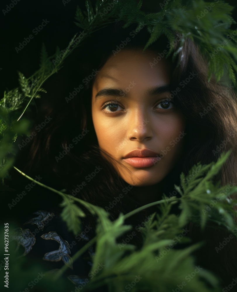 A woman with long dark hair gazes through a screen of leaves. AI. A woman with long dark hair gazes through a screen of leaves. AI.