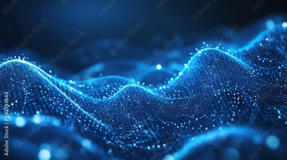 Abstract line waves, Digital waves, Business graph waves and technology graph, Abstract blue technology background with a cyber network grid and connected particles, digital connectivity, Ai. Abstract line waves, Digital waves, Business graph waves and technology graph, Abstract blue technology background with a cyber network grid and connected particles, digital connectivity, Ai.