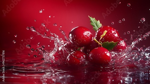 Red Cherries Splashing in Water with Red Background