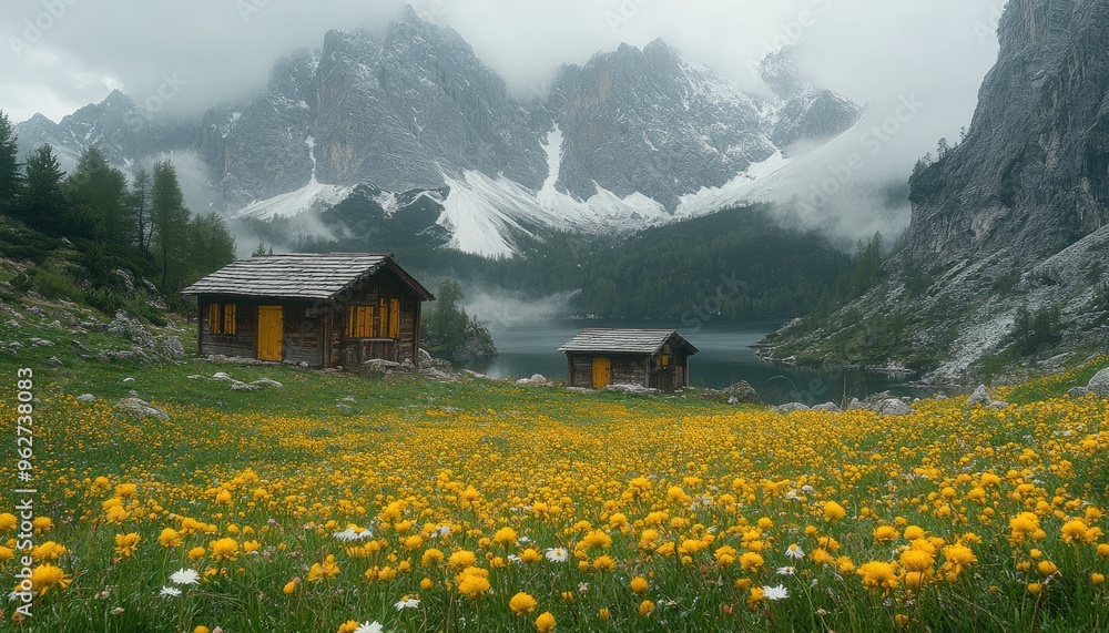 Two wooden cabins sit in a field of wildflowers. The cabins are set against the backdrop of snow capped mountains, a beautiful view for a nature lover. Two wooden cabins sit in a field of wildflowers. The cabins are set against the backdrop of snow capped mountains, a beautiful view for a nature lover.
