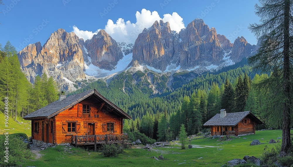 A wooden cabin sits nestled in a mountain valley. The photo showcases the beauty of nature with a rustic cabin amidst towering peaks. A wooden cabin sits nestled in a mountain valley. The photo showcases the beauty of nature with a rustic cabin amidst towering peaks.