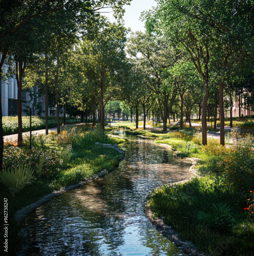  a tranquil scene perspective within a vibrant park-like green corridor, stream restoration.Garden with water stream