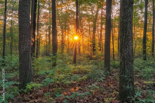 Observing the sun peeking through the trees in a forest is a serene experience, surrounded by terrestrial plants and a variety of shades of green and brown in the natural landscape, ai