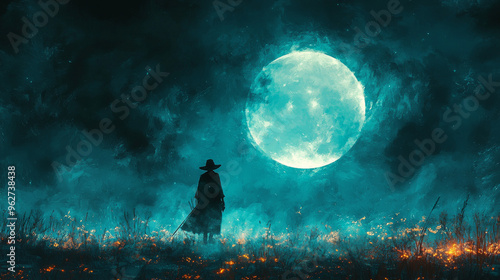 A lone figure stands in a field of fire under a large, blue moon.