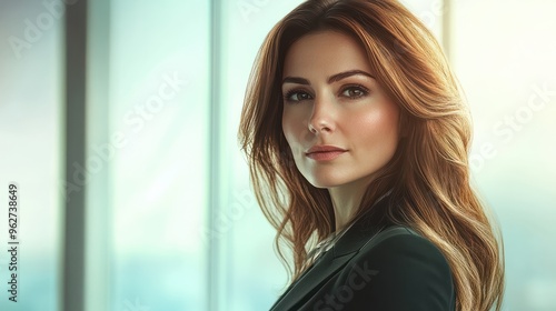Beautiful modern brown hair business woman portrait in the office with copy space Free Download Beautiful modern brown hair business woman portrait in the office with copy space - GFXLoad