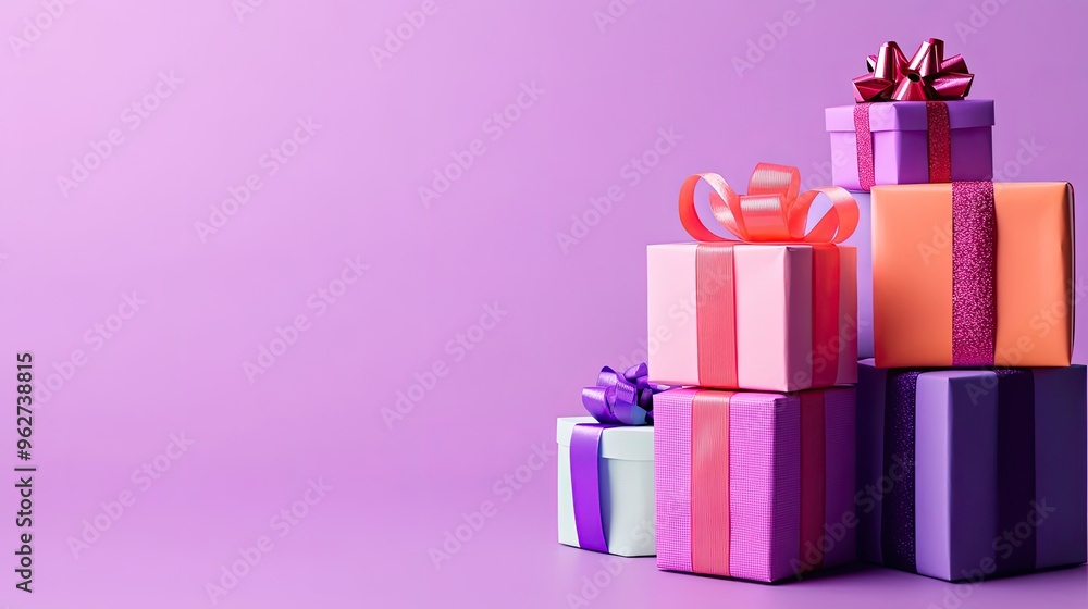 A collection of colorful gift boxes stacked on a purple background, perfect for celebrations. A collection of colorful gift boxes stacked on a purple background, perfect for celebrations.