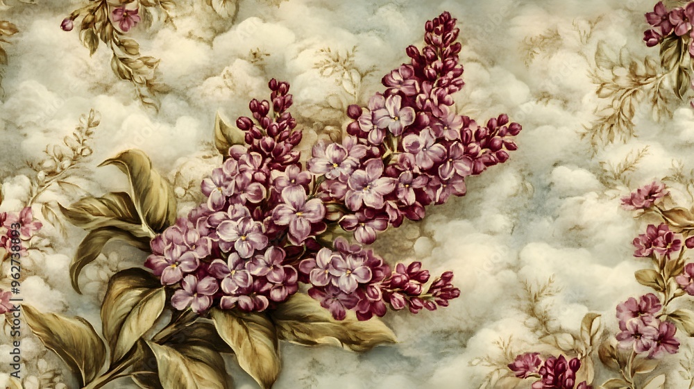 A watercolor painting of a lilac flower with soft, pastel colors against a background of muted clouds and leaves. A watercolor painting of a lilac flower with soft, pastel colors against a background of muted clouds and leaves.