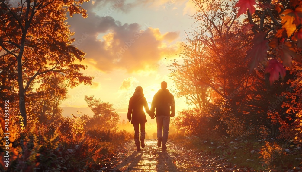 Smiling Couple Enjoying Nature During Sunset Walk in Autumnal Landscape, Romantic Moment, Warm Lighting Smiling Couple Enjoying Nature During Sunset Walk in Autumnal Landscape, Romantic Moment, Warm Lighting