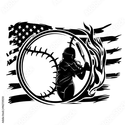 US Softball | Firing Ball | Softball Player | Lady Batter | Home Run | Outdoor Field Game | Stitch Ball | Team Sports | Original Illustration | Vector and Clipart | Cutfile and Stencil