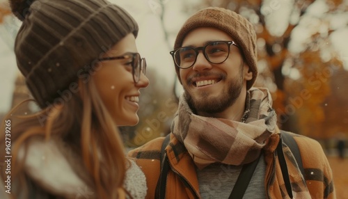 Smiling Man and Woman in Park During Autumn, Standing Closely, Wearing Glasses and Casual Clothing, Warm Atmosphere