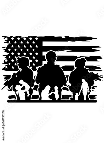 US Soldier | Family Soldier | US Flag | Distress US Flag | US Army | American Soldier | 3 Soldiers | Veteran Soldiers | Original Illustration | Vector and Clipart | Cutfile and Stencil