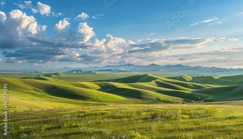 Rolling Green Hills Under Expansive Sky, Serene Landscape, Peaceful Nature, Steppe of Kazakhstan, Banner with Copy Space