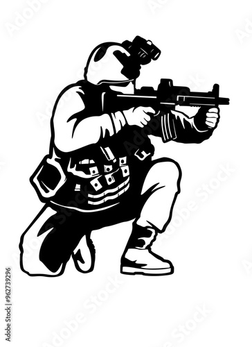 Soldier | Military Marksman | Soldier w/Night Vision | Soldier w/Rifle | Veteran Soldiers | Military | Soldier Position | Army | Original Illustration | Vector and Clipart | Cutfile and Stencil