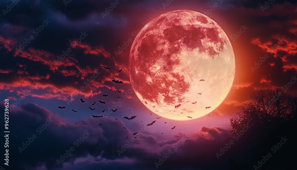 Spooky Red Moon in Cloudy Night Sky with Eerie Atmosphere and Dark Clouds Spooky Red Moon in Cloudy Night Sky with Eerie Atmosphere and Dark Clouds