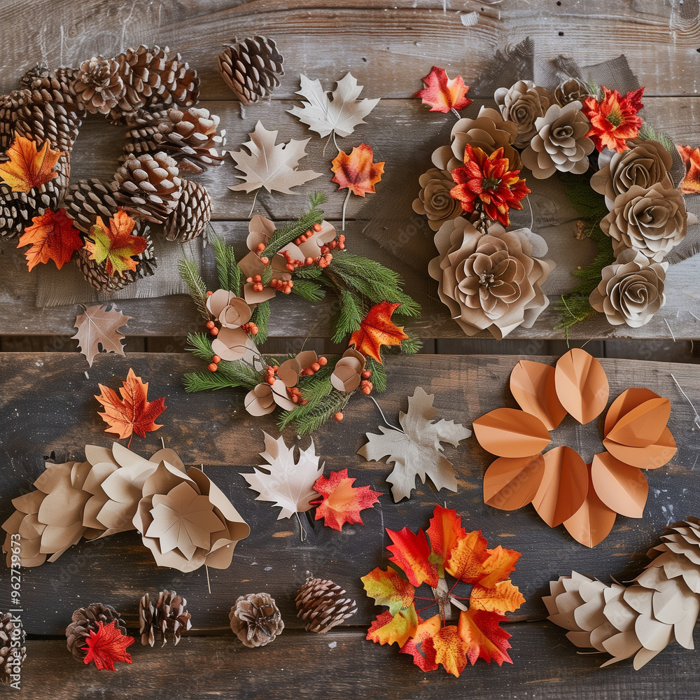 Fototapeta premium A collection of Thanksgiving crafts, including painted pine cones, handmade wreaths, and paper leaf garlands, arranged on a rustic table