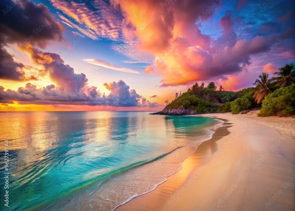 Tranquil Seaside Paradise Featuring Soft Pink Sands, Azure Waters, And A Dreamy Sunset Casting A Warm Glow Over The Serene Beach Scene. Tranquil Seaside Paradise Featuring Soft Pink Sands, Azure Waters, And A Dreamy Sunset Casting A Warm Glow Over The Serene Beach Scene.