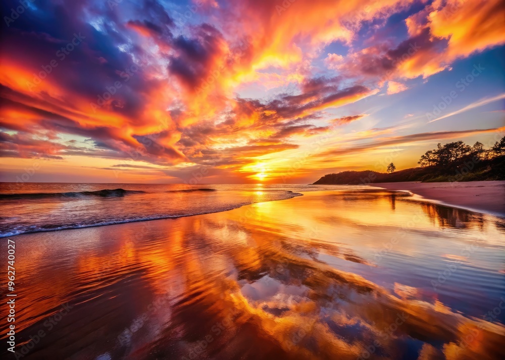 Tranquil Sunset Over A Serene Beach, With Warm Hues Of Orange And Pink Illuminating The Sky And Reflecting Off The Rippling Water'S Surface. Tranquil Sunset Over A Serene Beach, With Warm Hues Of Orange And Pink Illuminating The Sky And Reflecting Off The Rippling Water'S Surface.