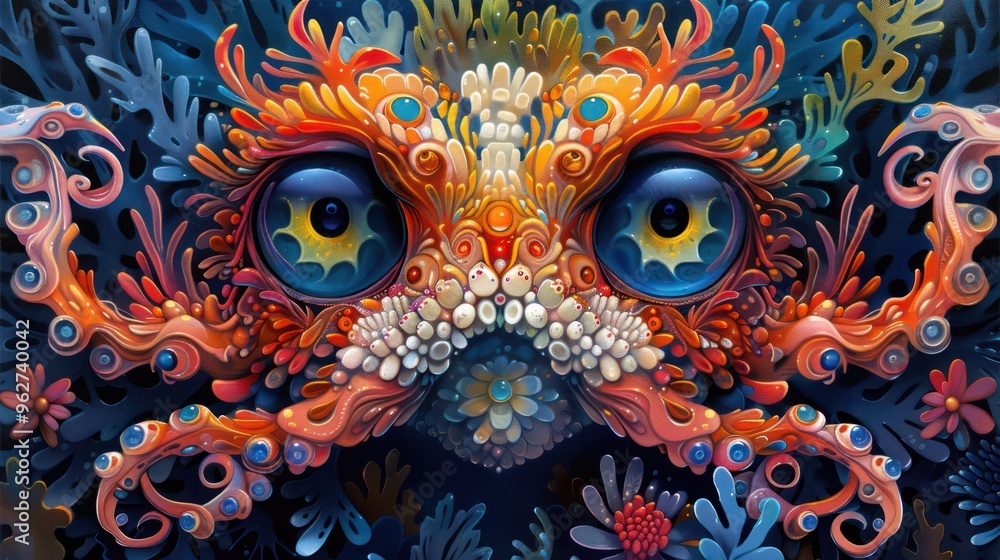 Fototapeta A vibrant, stylized depiction of a colorful crab surrounded by coral and marine elements.