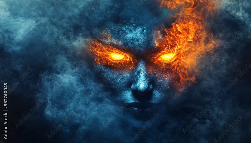 Mysterious Fiery Face Emerging from Flames in a Dark Setting Mysterious Fiery Face Emerging from Flames in a Dark Setting