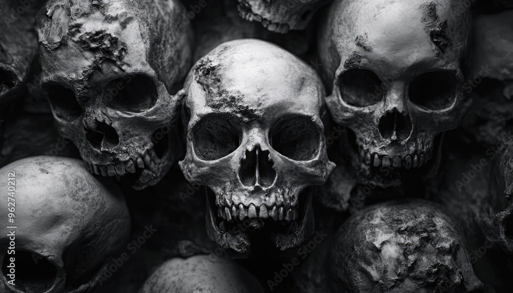 Monochromatic Illustration of Skulls in a Dark and Gloomy Setting Monochromatic Illustration of Skulls in a Dark and Gloomy Setting