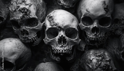 Monochromatic Illustration of Skulls in a Dark and Gloomy Setting